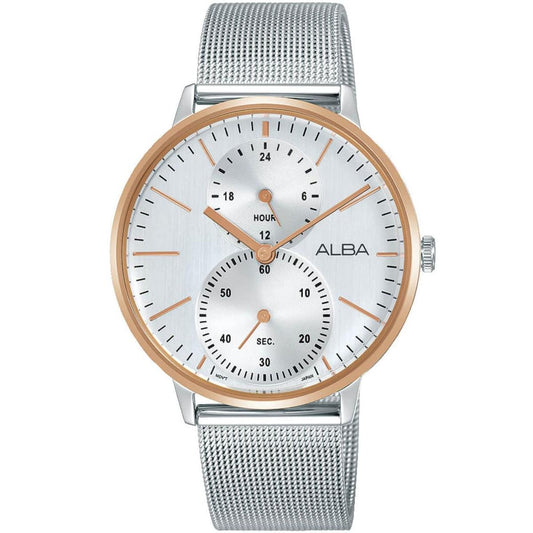 Silver watch with a white face and rose gold accents on a white background