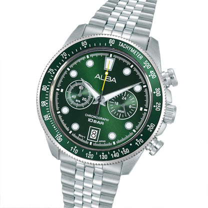 Watch with green dial and silver metal bracelet on a white background