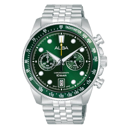 Silver watch with green dial on a white background