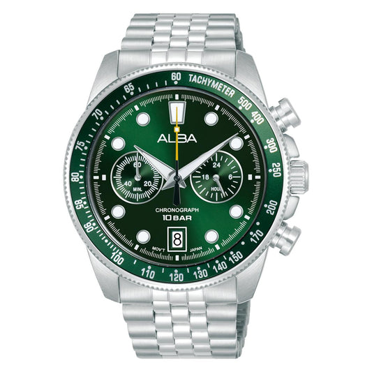 Silver watch with green dial on a white background