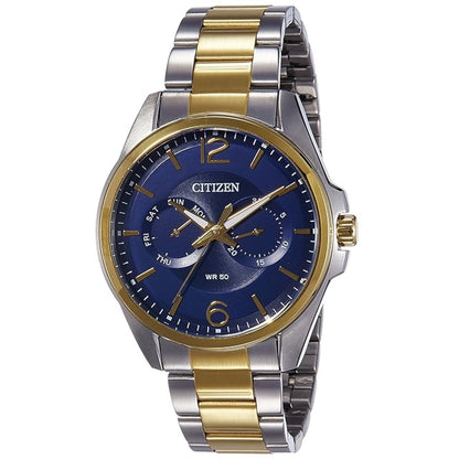 Two-tone silver and gold Citizen watch with a blue dial on a white background
