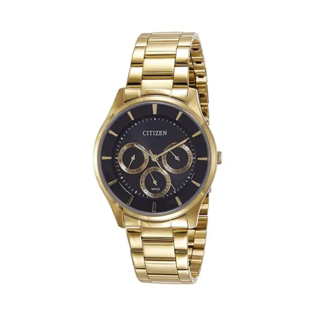 Gold wristwatch with a black dial on a white background