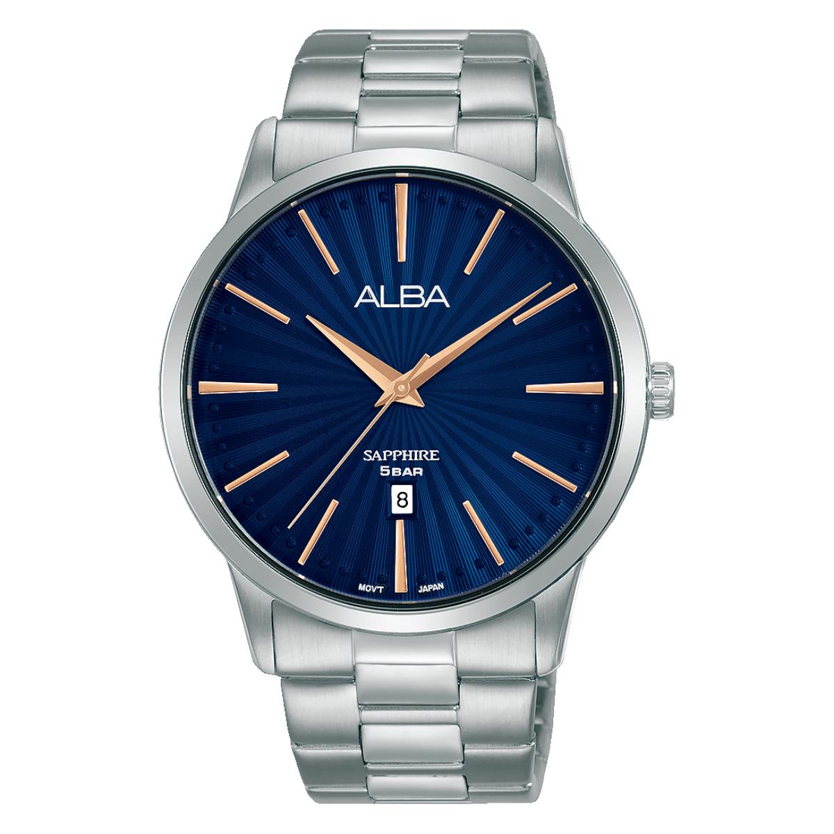 Silver watch with blue dial and 'ALBA' branding on a white background