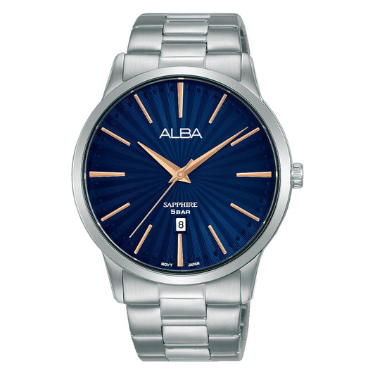 Silver watch with blue dial and 'ALBA' branding on a white background