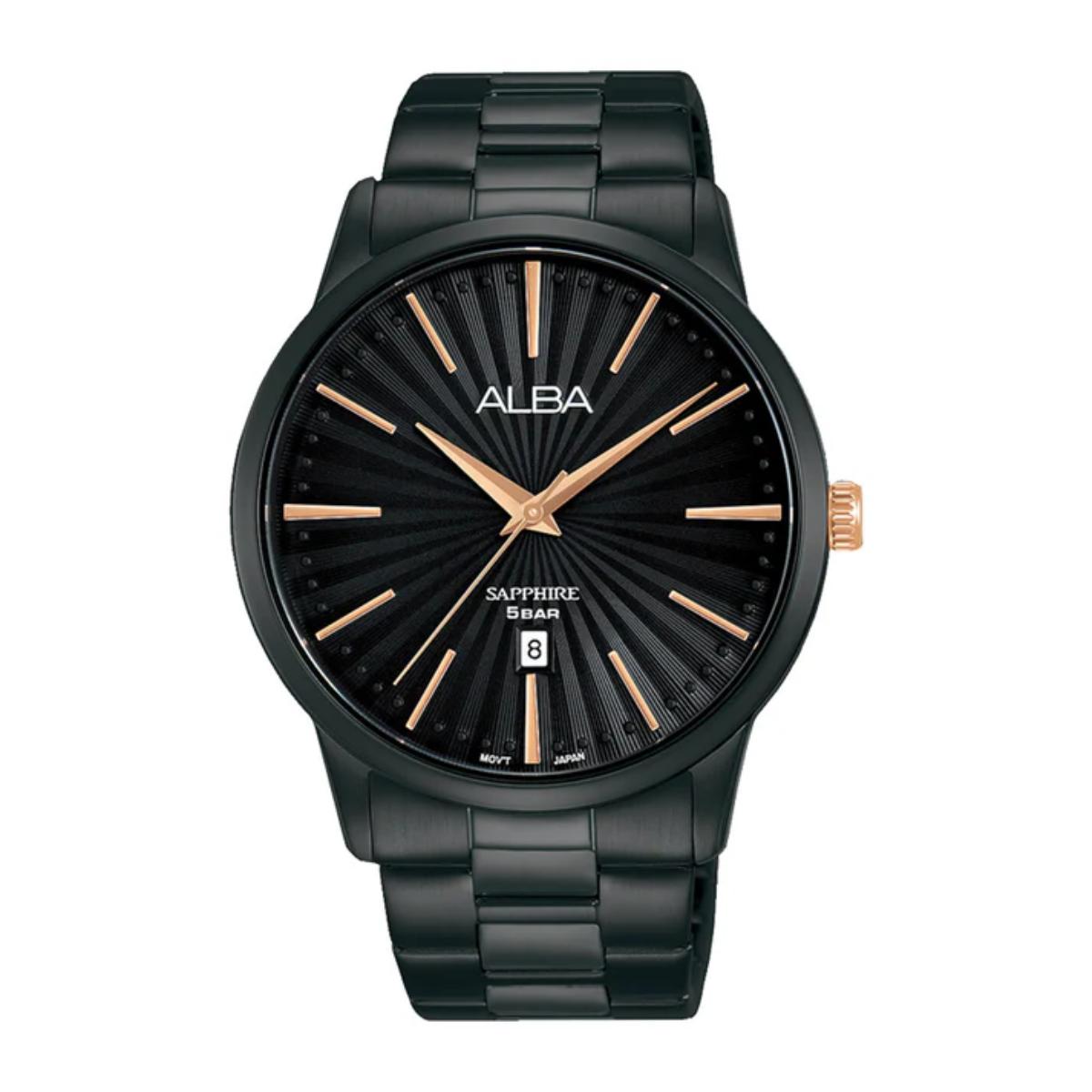 Black watch with rose gold accents on a white background, featuring the brand 'Alba'.