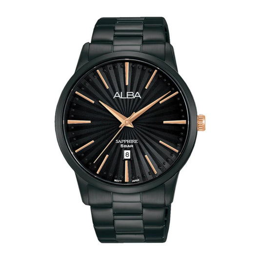 Black watch with rose gold accents on a white background, featuring the brand 'Alba'.