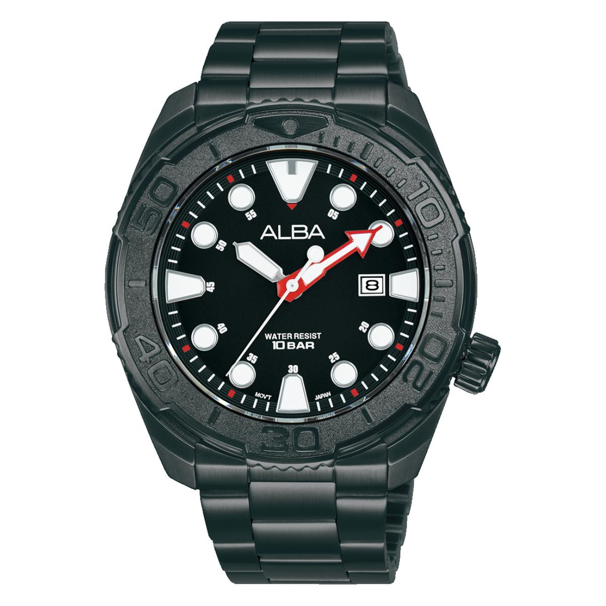 Black wristwatch with 'Alba' brand on a white background