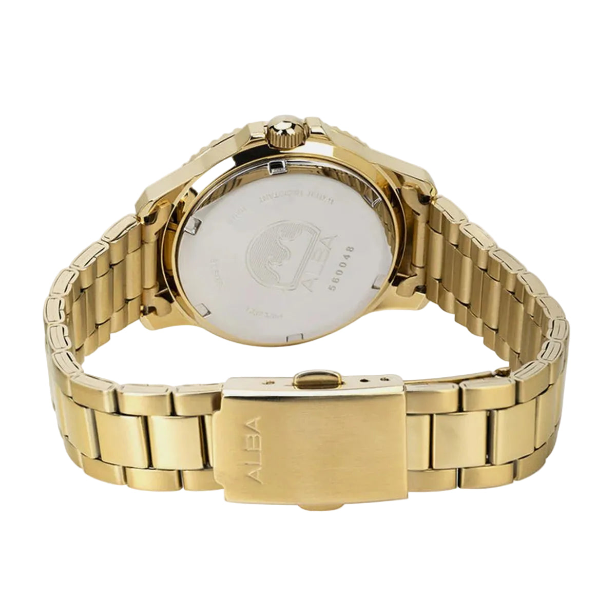 Gold watch with a visible brand logo on a white background