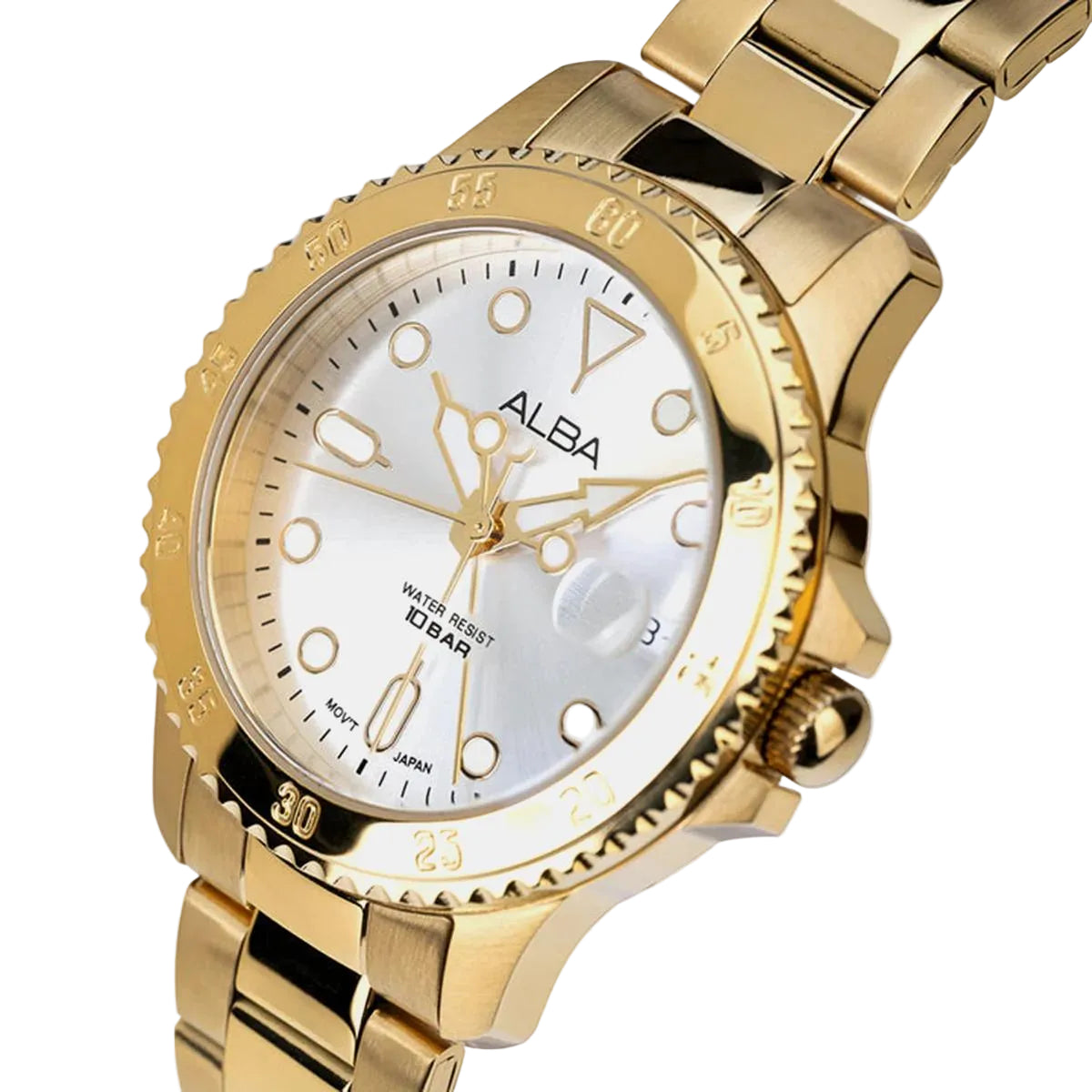 Gold watch with a white face on a light gray background