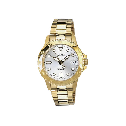 Gold wristwatch with a white face on a light gray background