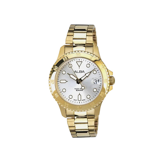 Gold wristwatch with a white face on a light gray background
