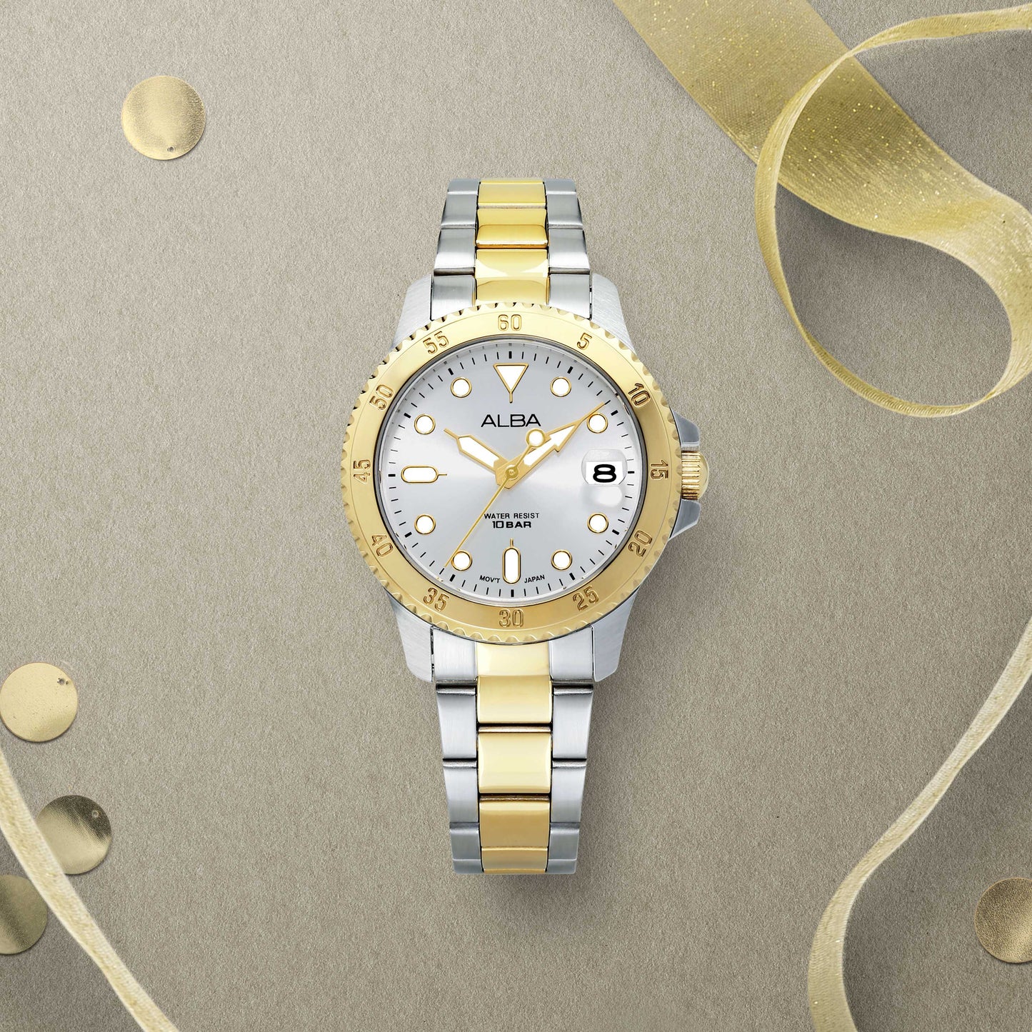 ALBA 34mm Silver-White Dial with Gold Bezel Women's Watch AG8Q36X1