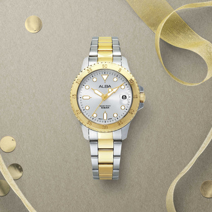 ALBA 34mm Silver-White Dial with Gold Bezel Women's Watch AG8Q36X1