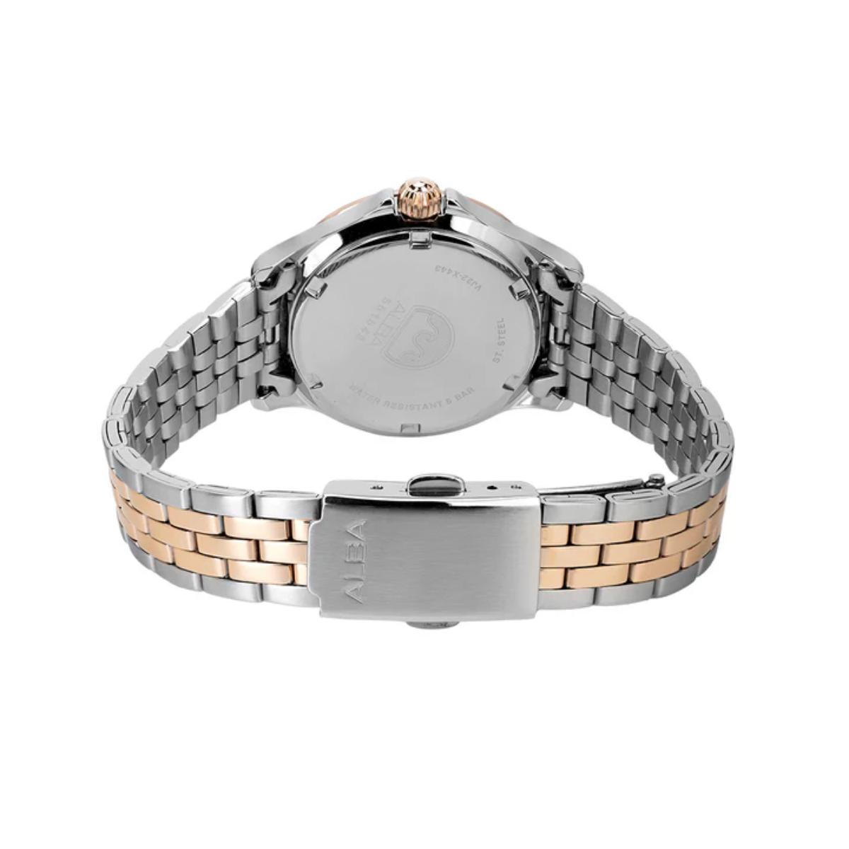 Two-tone watch with silver and rose gold band on a white background