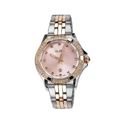 Two-tone watch with a pink face on a white background