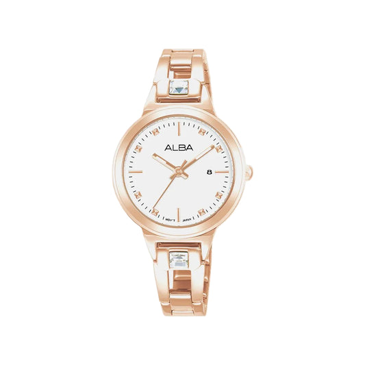 Rose gold watch with white dial on a light pink background