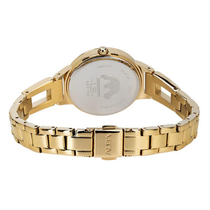 Gold watch with a white face on a white background