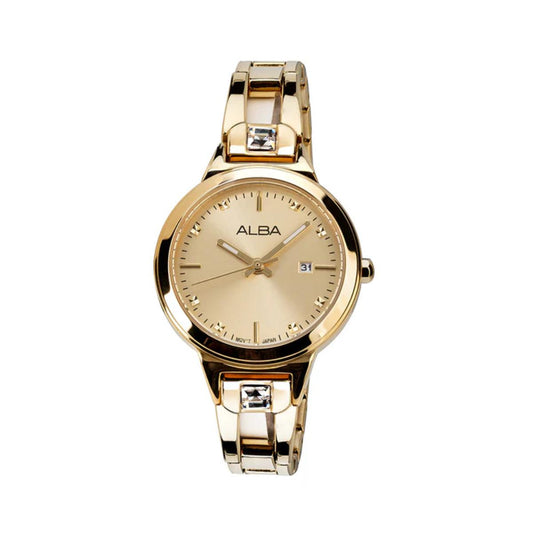 Gold wristwatch with a beige face on a white background, branded 'Alba'.