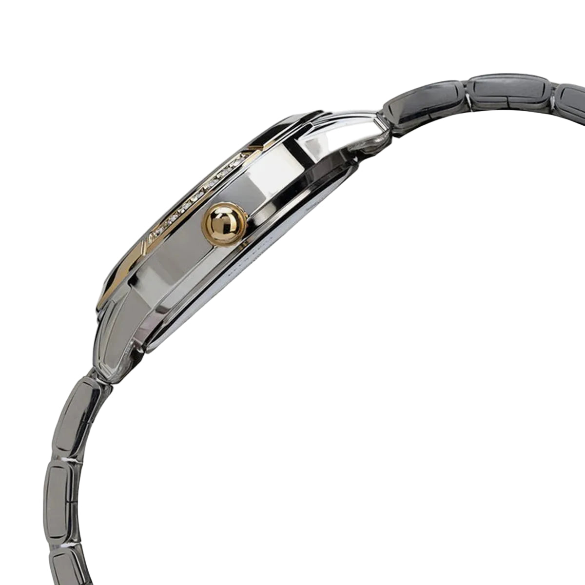 Close-up of a silver watch with a rose gold accent on a white background