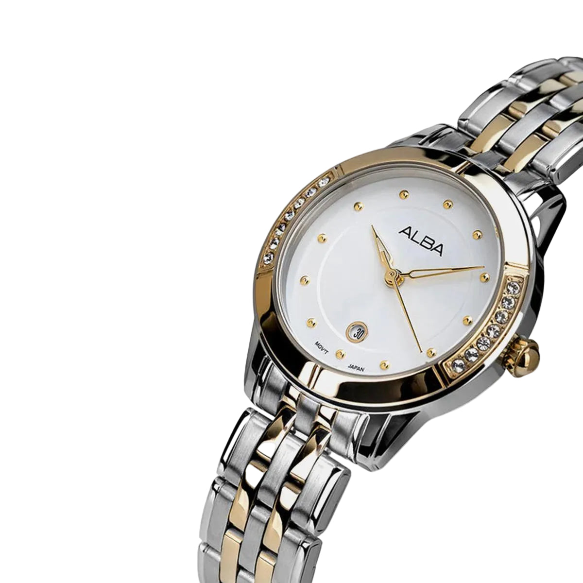 Two-tone watch with a white face and gold accents on a light gray background