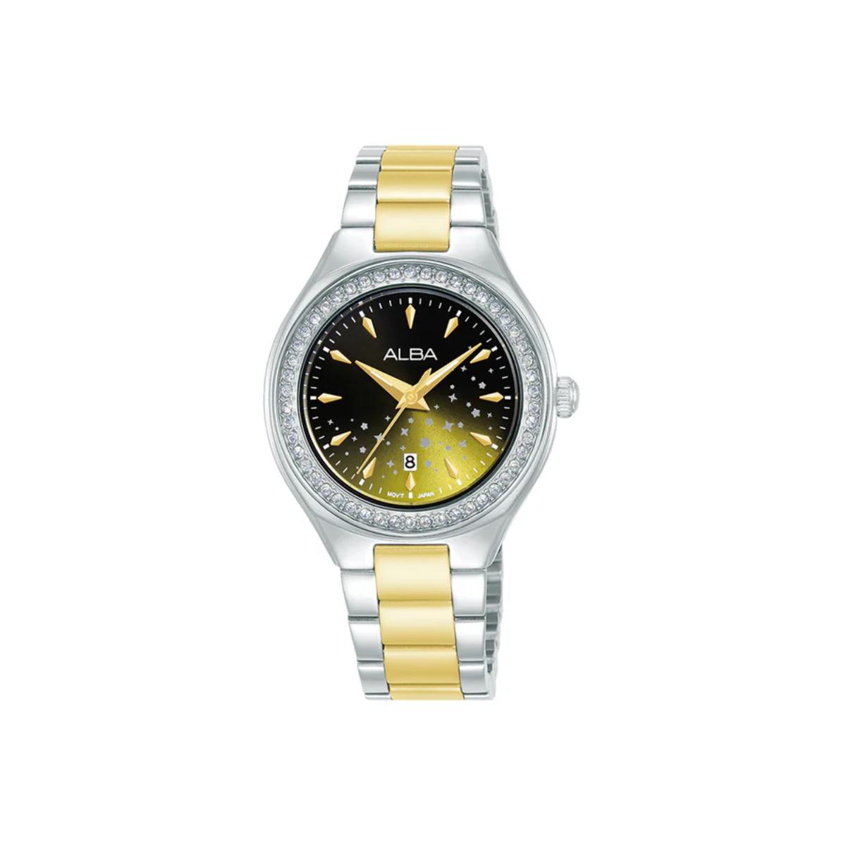 Two-tone watch with gold and silver straps and a black face on a white background