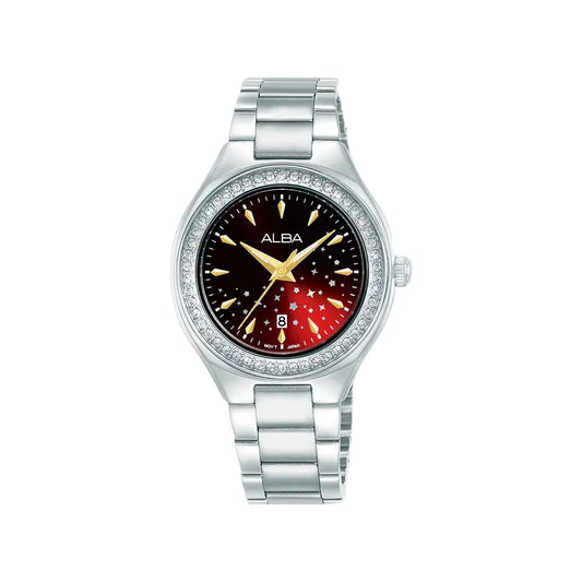 Silver watch with a black and red face on a white background, featuring the brand 'Alba'.