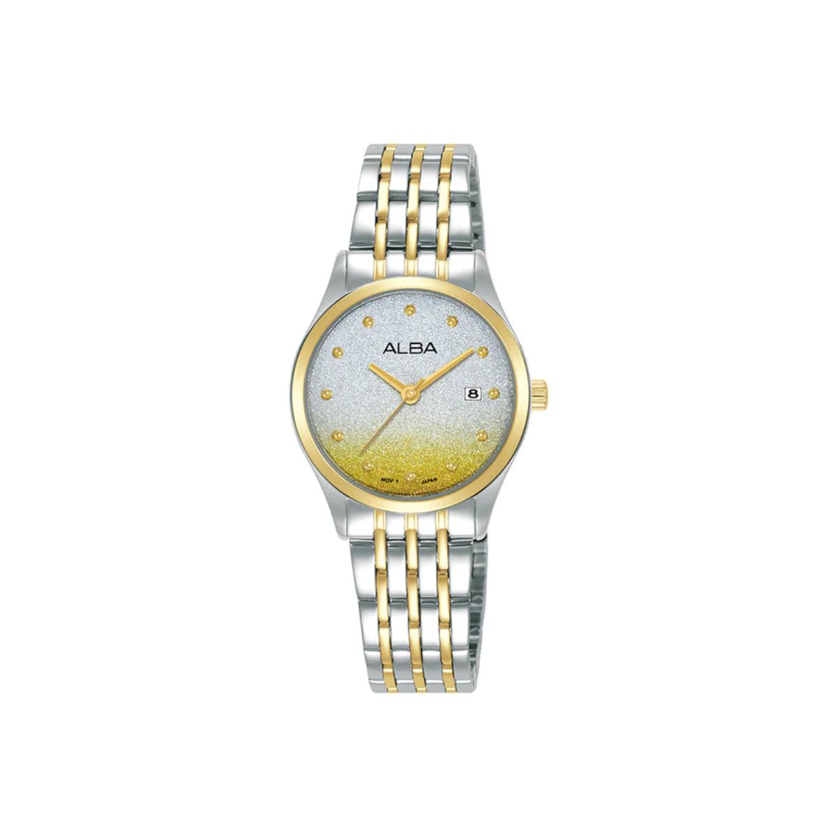 Two-tone watch with gold and silver band on a white background, featuring the brand 'Alba'.