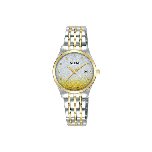 Two-tone watch with gold and silver band on a white background, featuring the brand 'Alba'.