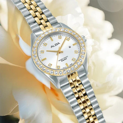 ALBA Crystal Bezel White Dial Analog Women's Watch AH7FD8X1