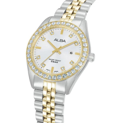 ALBA Crystal Bezel White Dial Analog Women's Watch AH7FD8X1