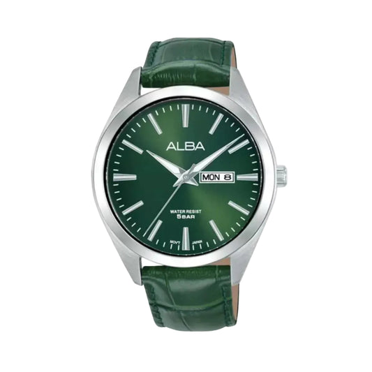 Green watch with a green strap on a white background, featuring the brand 'Alba'.
