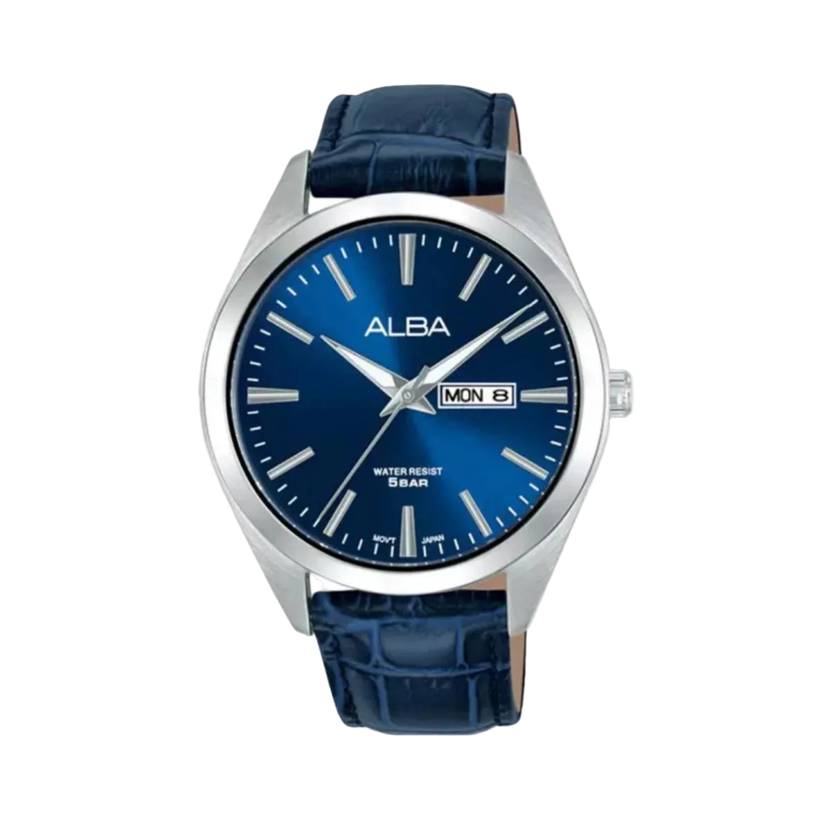Blue watch with silver case and blue strap on a white background