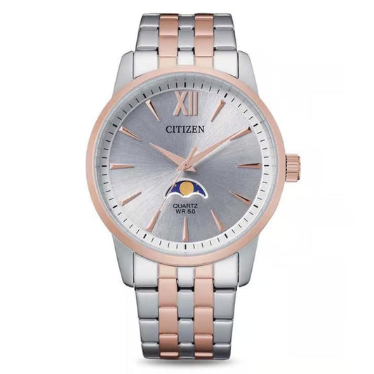 Two-tone Citizen watch with silver and rose gold band on a white background