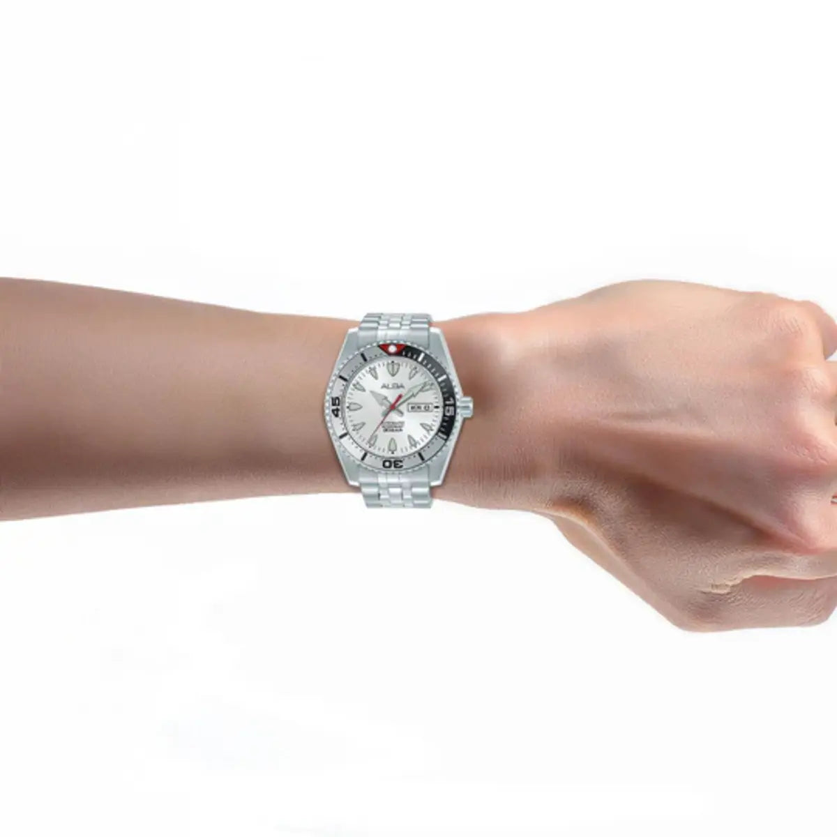 Silver watch on a wrist against a white background