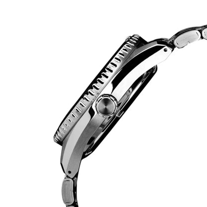Silver watch with a detailed band design on a white background
