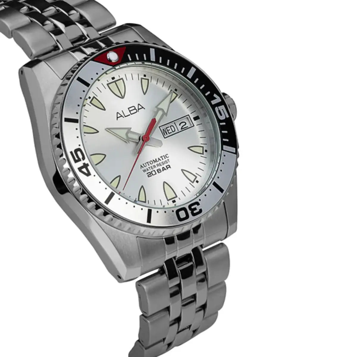 Silver watch with a white face displaying brand name on a white background