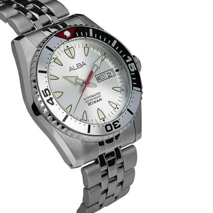 Silver watch with a white face displaying brand name on a white background