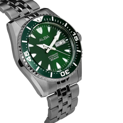 Green watch with silver metal strap on a white background