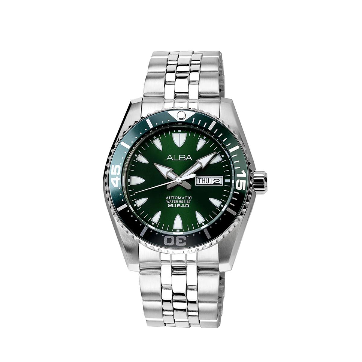 Silver watch with green dial on a white background