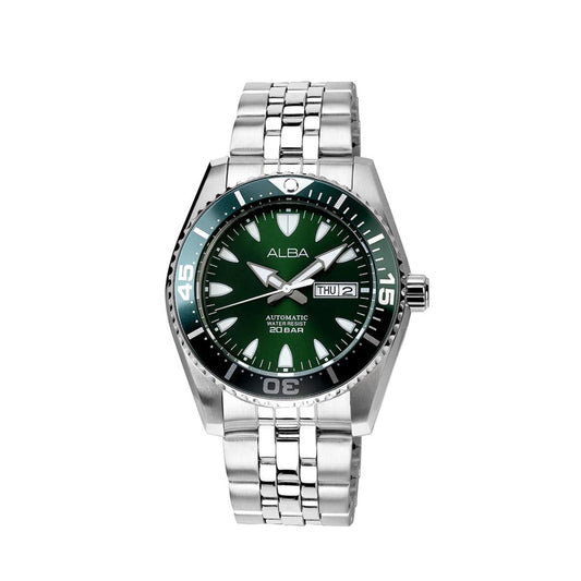 Silver watch with green dial on a white background