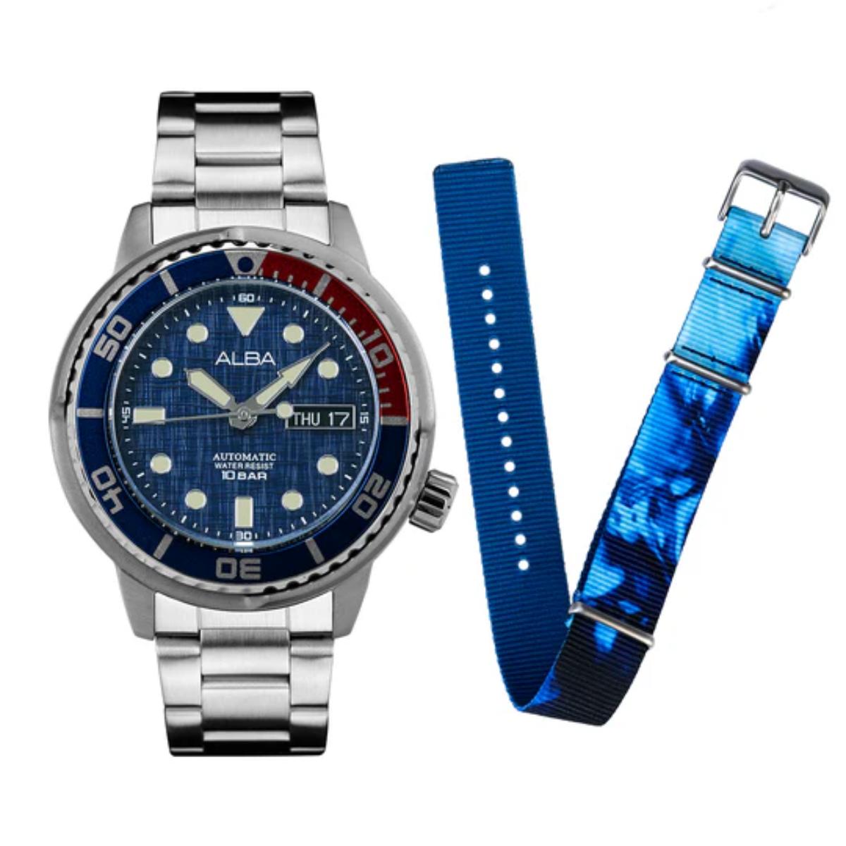 Alba watch with blue strap on a white background