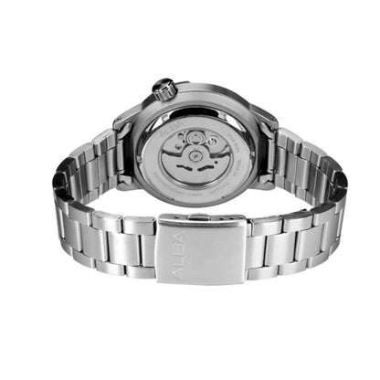 Silver watch with visible brand name on a white background