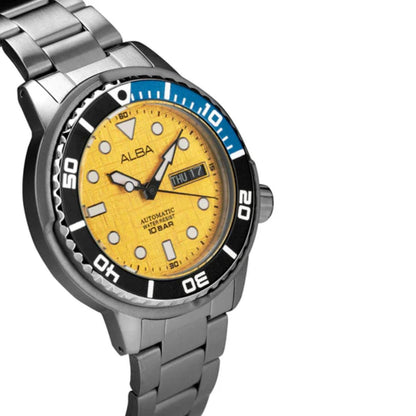Watch with a yellow face and silver metal strap on a white background
