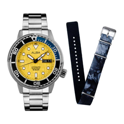 Watch with yellow face and silver case, accompanied by a black and blue strap on a white background