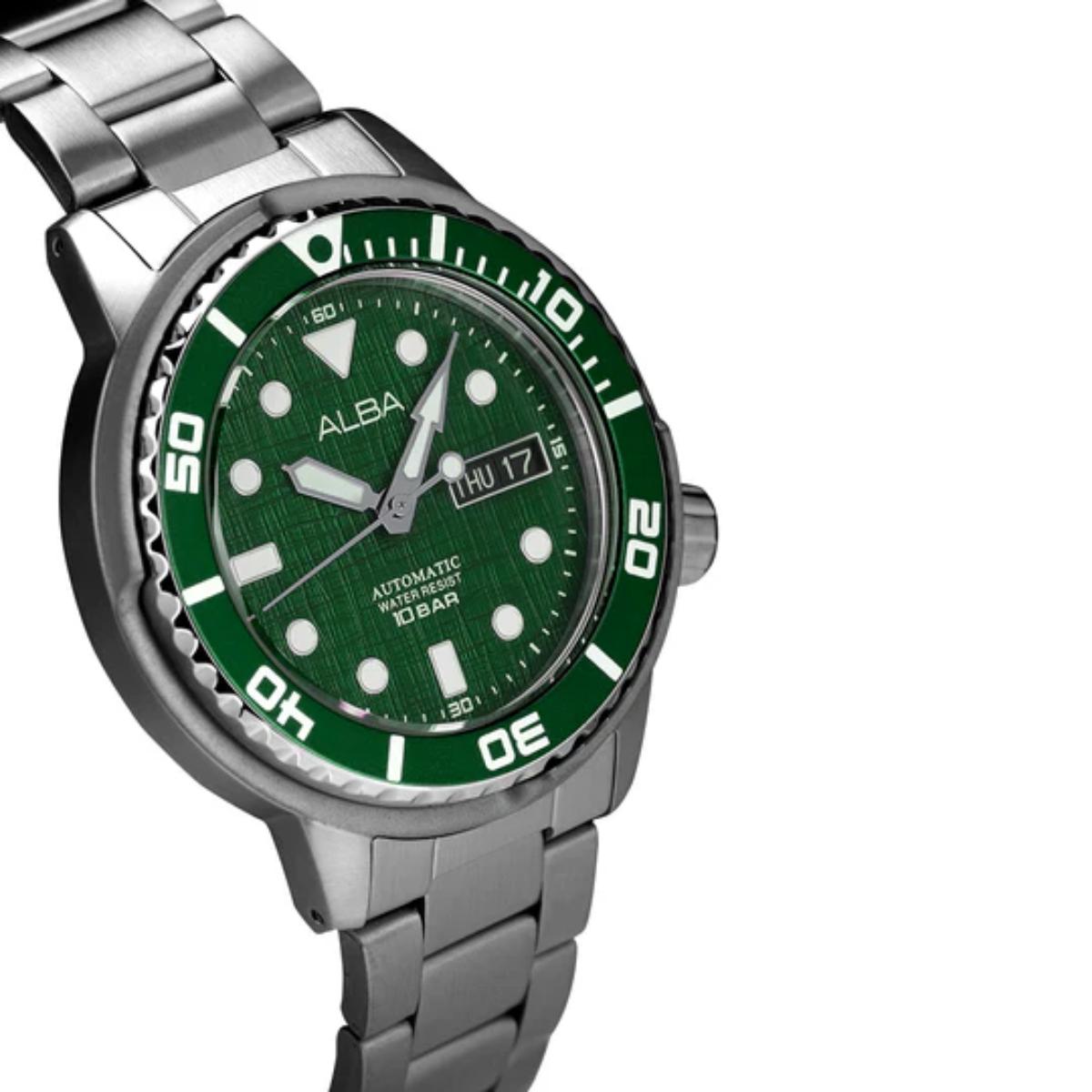 Green watch with silver metal strap on a white background