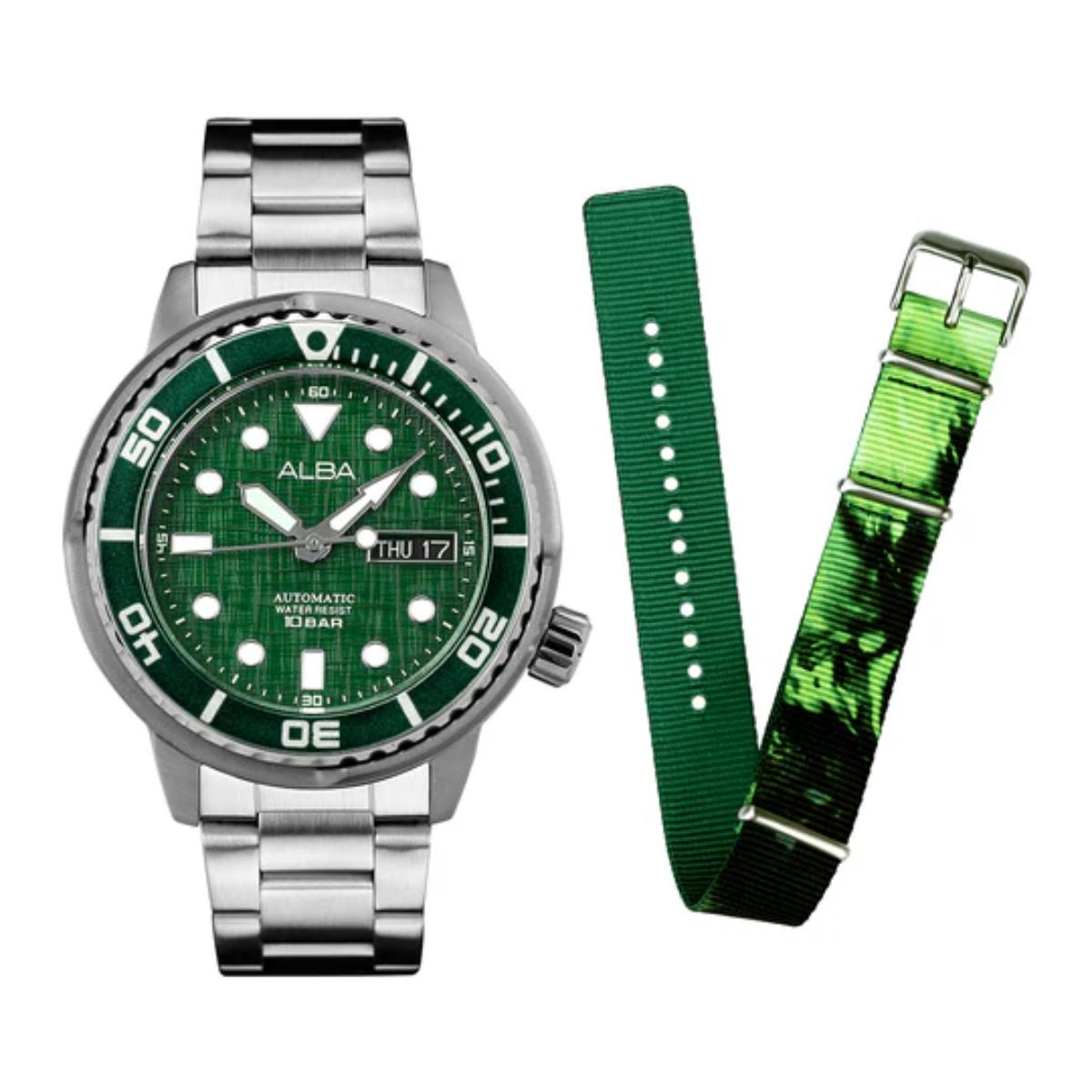 Green watch with silver case and green strap on a white background