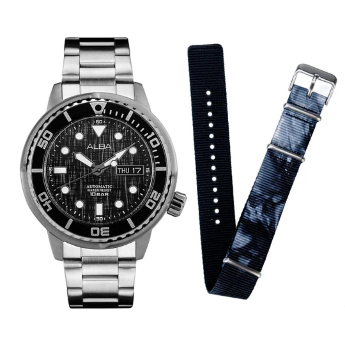 Alba watch with black dial and silver case, accompanied by two strap options on a white background.