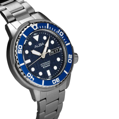 Silver watch with blue dial on a white background
