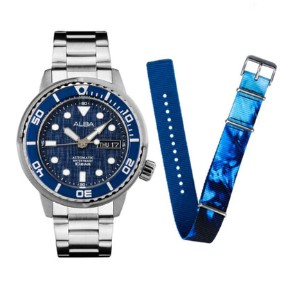 Alba watch with blue dial and matching strap on a white background