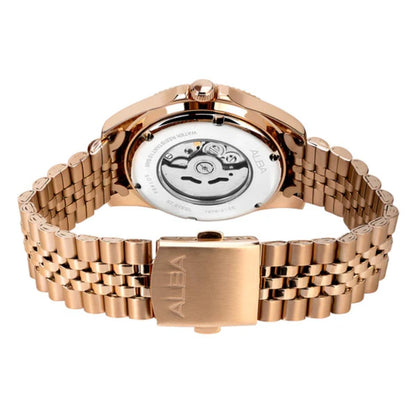 Rose gold watch with a detailed mechanism on a white background